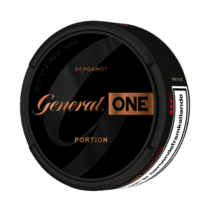 General ONE Portion Strong – dosan sedd snett framifrån, stark originalportion tobakssnus från Swedish Match