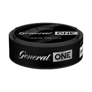 General ONE White Portion Strong – dosan sedd från sidan, stark vit portion tobakssnus från Swedish Match