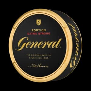 General Portion Extra Strong – dosan sedd snett framifrån, extra stark originalportion tobakssnus från Swedish Match