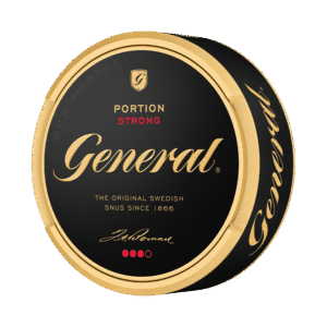 General Portion Strong – dosan sedd snett framifrån, stark originalportion tobakssnus från Swedish Match