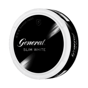 General Slim White – dosan sedd snett framifrån, vit slimportion tobakssnus från Swedish Match