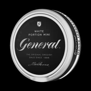 General White Portion Mini – dosan sedd snett framifrån, vit portion tobakssnus i miniformat från Swedish Match