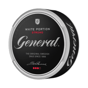 General White Portion Strong – dosan sedd snett framifrån, stark vit portion tobakssnus från Swedish Match