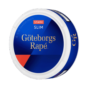 Göteborgs Rapé Stark Slim – dosan sedd snett framifrån, stark vit slimportion tobakssnus med enbärssmak från Swedish Match