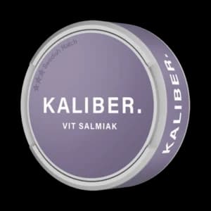 Kaliber Vit Salmiak – dosan sedd snett framifrån, vit portion tobakssnus med salmiak från Swedish Match