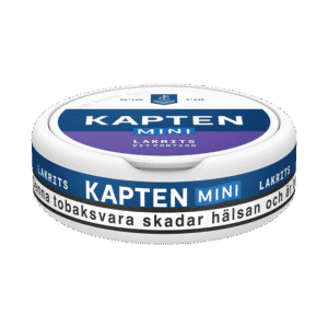 Kapten Vit Lakrits Mini – dosan sedd från sidan, vit portion tobakssnus i miniformat med tobak och lakrits från Swedish Match