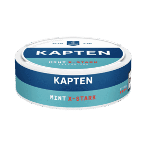 Kapten Vit Mint X-Stark – dosan sedd från sidan, extra stark vit portion tobakssnus med tobak och mint från Swedish Match