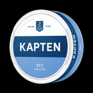 Kapten Vit – dosan sedd snett framifrån, vit portion tobakssnus med tobak och bergamott från Swedish Match