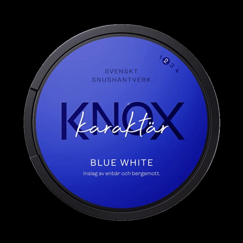 Dosa med Knox Karaktär Blue White, vit portion tobakssnus med bergamott och enbär från Skruf Snus