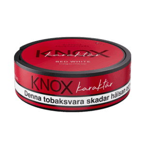 Knox Karaktär Red White – dosan sedd från sidan, vit portion tobakssnus med röda bär från Skruf Snus