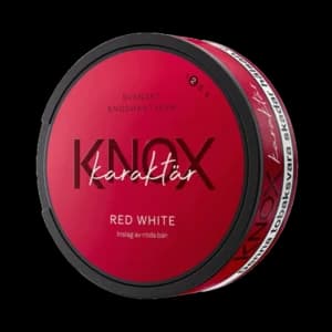 Knox Karaktär Red White – dosan sedd snett framifrån, vit portion tobakssnus med röda bär från Skruf Snus