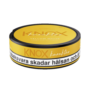 Knox Karaktär Yellow White – dosan sedd från sidan, vit portion tobakssnus med örter och vilda bär från Skruf Snus