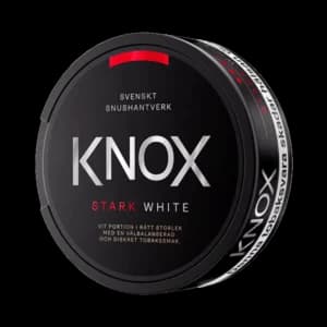 Knox Stark White – dosan sedd snett framifrån, stark vit portion tobakssnus med tobak, bergamott och citrus från Skruf Snus