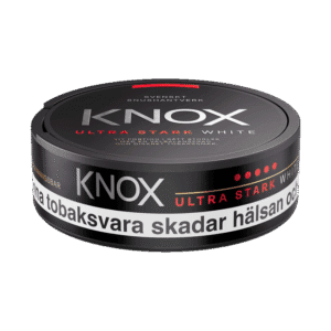 Knox Ultra Stark White – dosan sedd från sidan, extra stark vit portion tobakssnus med tobak, bergamott och citrus från Skruf Snus