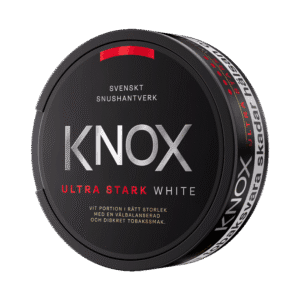 Knox Ultra Stark White – dosan sedd snett framifrån, extra stark vit portion tobakssnus med tobak, bergamott och citrus från Skruf Snus