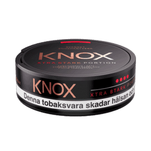 Knox Xtra Stark Portion – dosan sedd från sidan, extra stark originalportion tobakssnus med tobak, bergamott och citrus från Skruf Snus