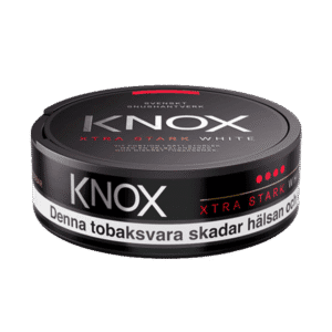 Knox Xtra Stark White – dosan sedd från sidan, extra stark vit portion tobakssnus med tobak, bergamott och citrus från Skruf Snus