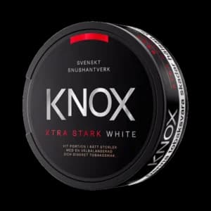 Knox Xtra Stark White – dosan sedd snett framifrån, extra stark vit portion tobakssnus med tobak, bergamott och citrus från Skruf Snus