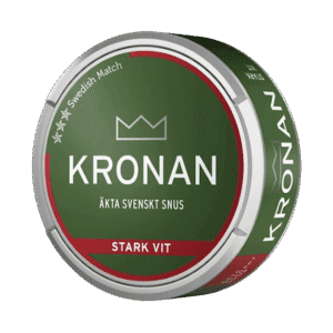 Kronan Stark Vit – dosan sedd snett framifrån, stark vit portion tobakssnus med viol, citrus och gröna örter från Swedish Match
