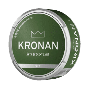 Kronan Vit – dosan sedd snett framifrån, vit portion tobakssnus med citrus, viol och gröna örter från Swedish Match