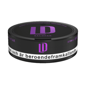 LD Salmiak – dosan sedd från sidan, originalportion tobakssnus med salmiak och lakrits från Nordic Snus