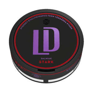 LD Salmiak Stark – dosan sedd från sidan, stark originalportion tobakssnus med salmiak och lakrits från Nordic Snus