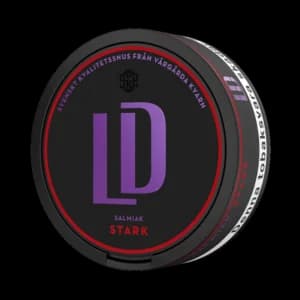 LD Salmiak Stark – dosan sedd snett framifrån, stark originalportion tobakssnus med salmiak och lakrits från Nordic Snus