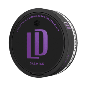 LD Salmiak – dosan sedd snett framifrån, originalportion tobakssnus med salmiak och lakrits från Nordic Snus