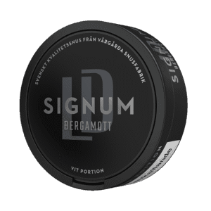 LD Signum Bergamott Vit Portion – dosan sedd snett framifrån, vit portion tobakssnus med bergamott, citrus och te från Nordic Snus