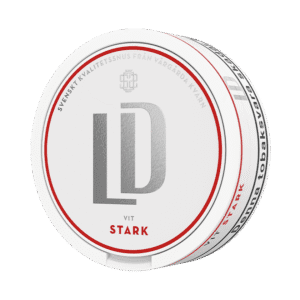LD Vit Stark – dosan sedd snett framifrån, stark vit portion tobakssnus med bergamott från Nordic Snus