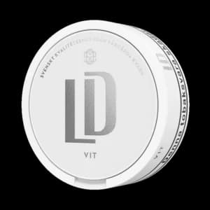 LD Vit – dosan sedd snett framifrån, vit portion tobakssnus med bergamott från Nordic Snus