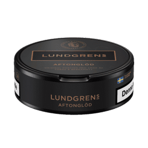 Lundgrens Aftonglöd Original – dosan sedd från sidan, originalportion tobakssnus med läder och bergamott från BAT