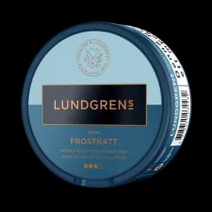 Lundgrens Aros Frostnatt 10mg – dosan sedd snett framifrån, extra stark tobaksfri nikotinportion med mynta och eukalyptus från BAT