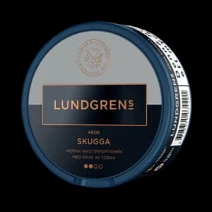 Lundgrens Aros Skugga 8mg – dosan sedd snett framifrån, tobaksfri nikotinportion med tobakssmak från BAT