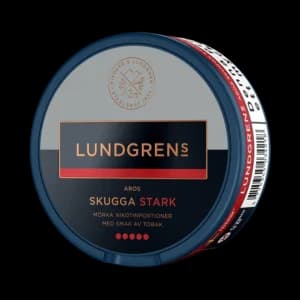 Lundgrens Aros Skugga Stark 12,5mg – dosan sedd snett framifrån, extra stark tobaksfri nikotinportion med tobakssmak från BAT