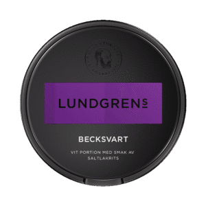 Dosa med Lundgrens Becksvart, vit portion tobakssnus med saltlakrits och salmiak från BAT