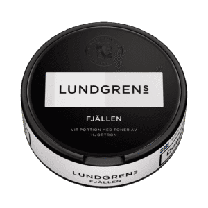 Lundgrens Fjällen – dosan sedd från sidan, vit portion tobakssnus med hjortron från BAT