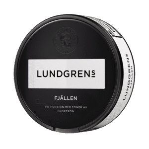 Lundgrens Fjällen – dosan sedd snett framifrån, vit portion tobakssnus med hjortron från BAT