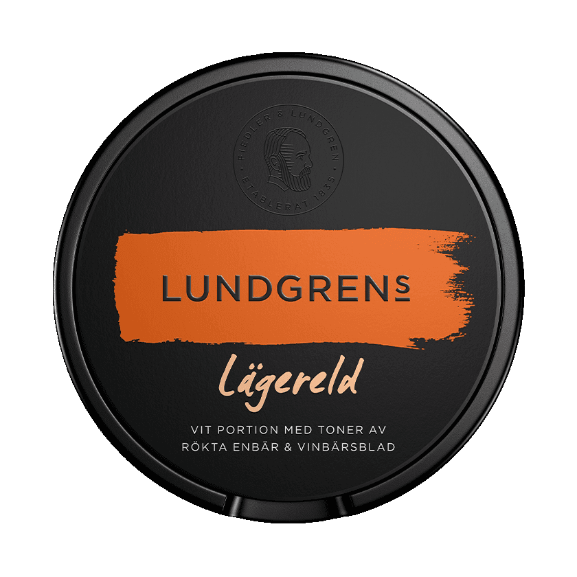 Dosa med Lundgrens Lägereld, vit portion tobakssnus med rök och enbär från BAT