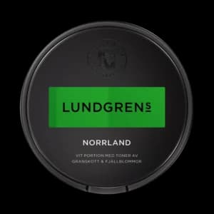 Dosa med Lundgrens Norrland, vit portion tobakssnus med granskott och fjällblommor från BAT
