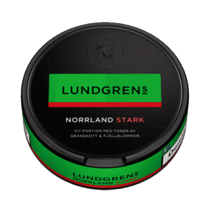Lundgrens Norrland Stark – dosan sedd från sidan, stark vit portion tobakssnus med granskott och fjällblommor från BAT