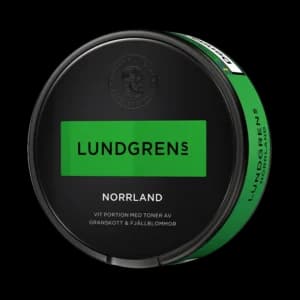 Lundgrens Norrland – dosan sedd snett framifrån, vit portion tobakssnus med granskott och fjällblommor från BAT