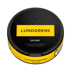 Lundgrens Skåne – dosan sedd från sidan, vit portion tobakssnus med vilda bär och enbär från BAT