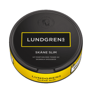 Lundgrens Skåne Slim – dosan sedd från sidan, vit slimportion tobakssnus med vilda bär och enbär från BAT