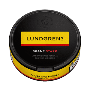 Lundgrens Skåne Stark – dosan sedd från sidan, stark vit portion tobakssnus med skogsbär och enbär från BAT