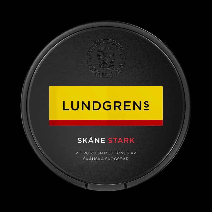 Dosa med Lundgrens Skåne Stark, stark vit portion tobakssnus med skogsbär och enbär från BAT