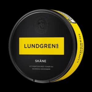 Lundgrens Skåne – dosan sedd snett framifrån, vit portion tobakssnus med vilda bär och enbär från BAT