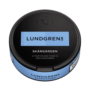 Lundgrens Skärgården – dosan sedd från sidan, vit portion tobakssnus med röda bär från BAT