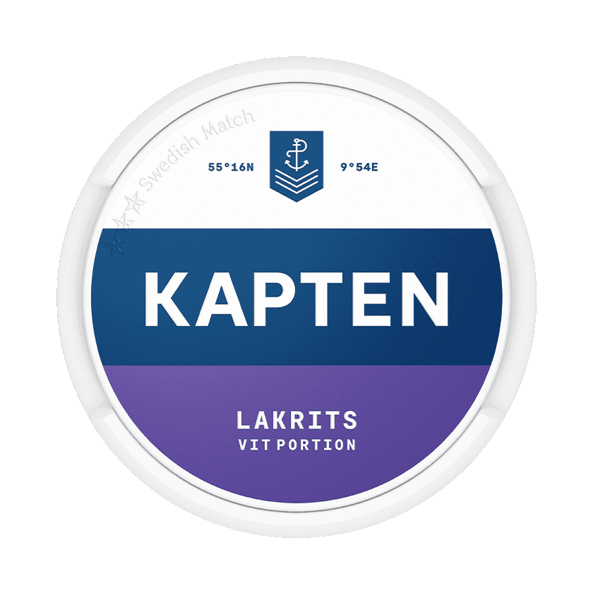 Dosa med Kapten Vit Lakrits, vit portion tobakssnus med tobak och lakrits från Swedish Match