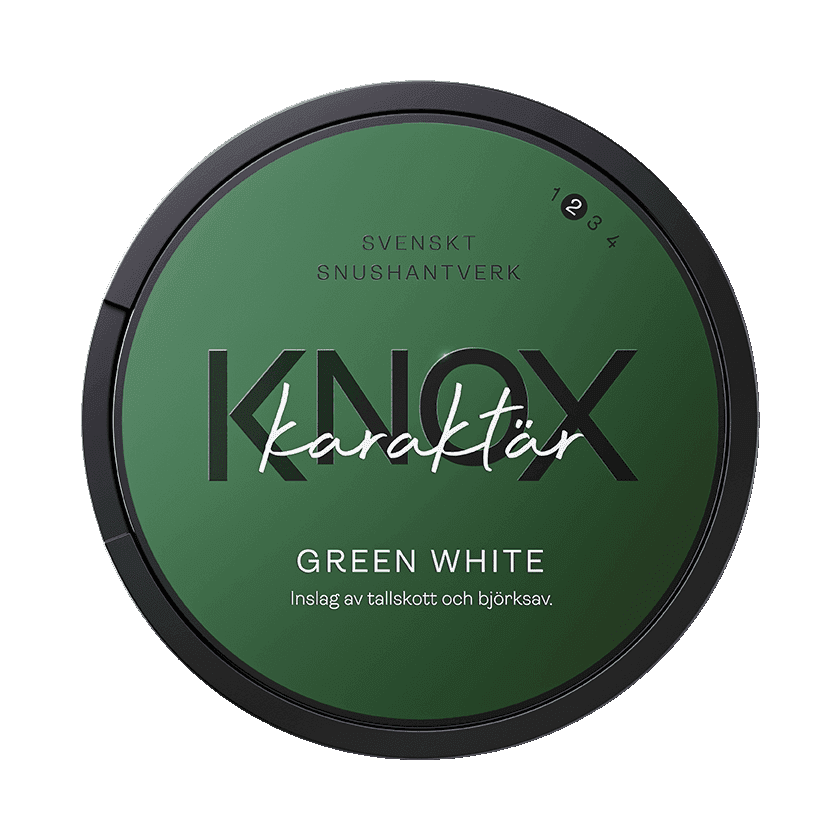 Dosa med Knox Karaktär Green White, vit portion tobakssnus med tallskott och björksav från Skruf Snus
